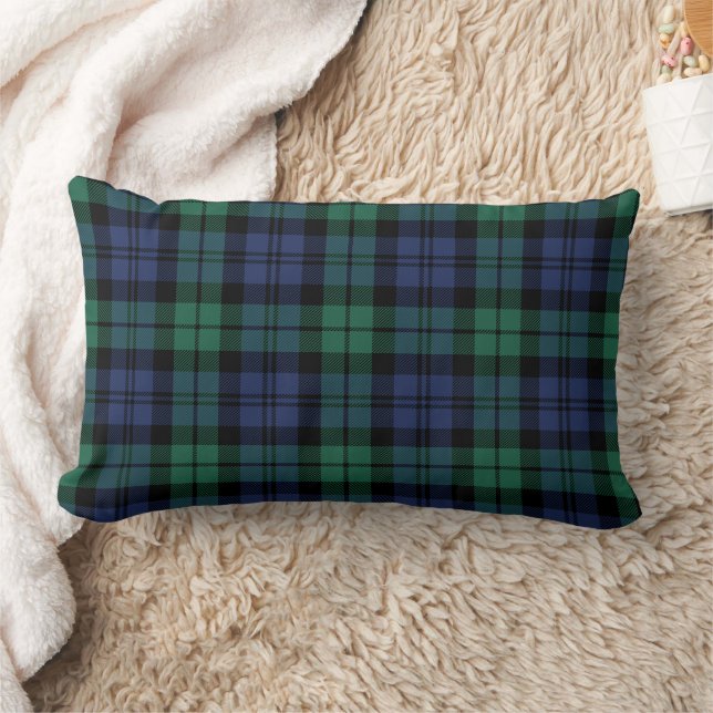 Rustic Green and Blue Black Watch Plaid Holiday Lumbar Pillow (Blanket)