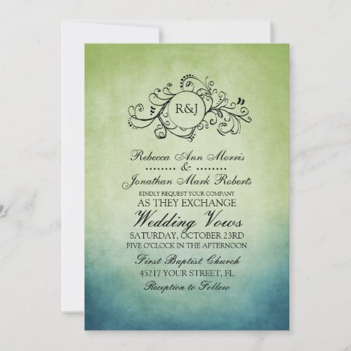 Rustic Green and Blue Bohemian Wedding Invitation