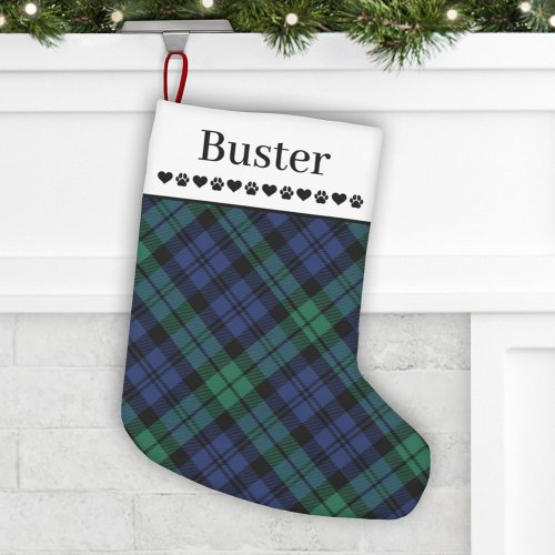 Rustic Green and Blue Plaid Custom Dog Name Small Christmas Stocking