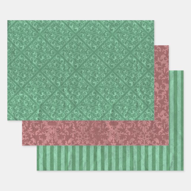 Rustic Green and Cranberry Red Christmas Wrapping Paper Sheets (Set)