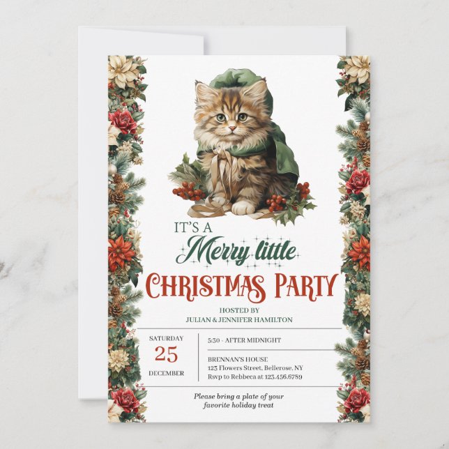 Rustic green and gold elegant Christmas cat Invitation (Front)
