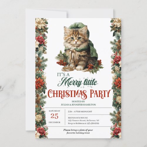 Rustic green and gold elegant Christmas cat Invitation