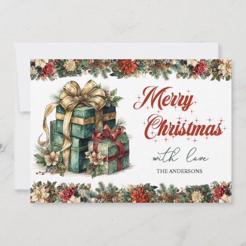 Rustic green and gold elegant Christmas present Holiday Card