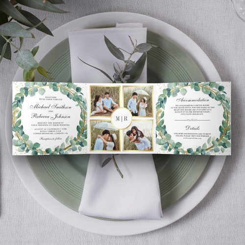 Rustic Green and Gold Eucalyptus Wreath Wedding Tri_Fold Invitation