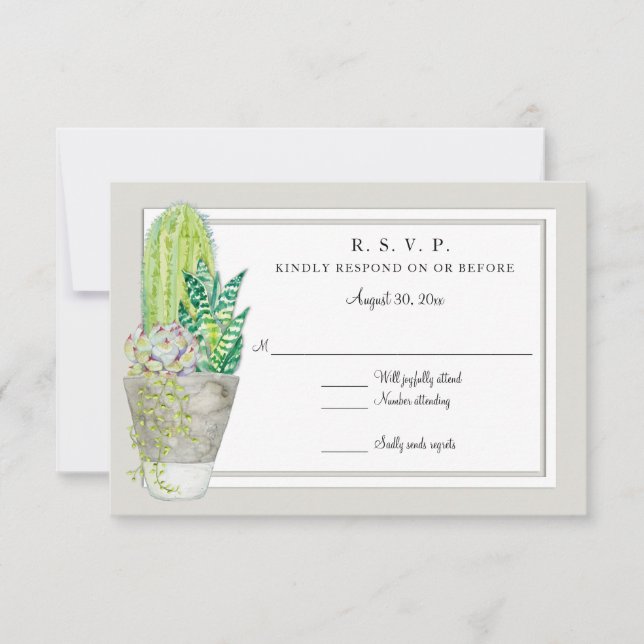 Rustic Green and Gray Urban Cactus Garden RSVP Card (Front)