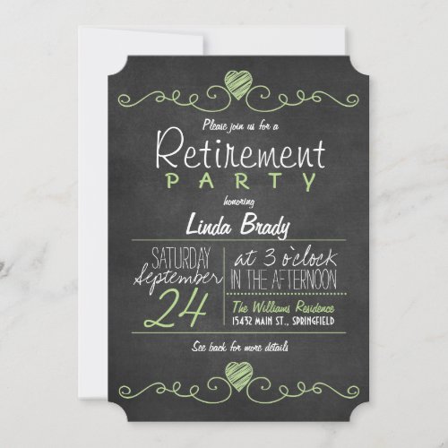 Rustic Green and White Chalkboard Retirement Party Invitation