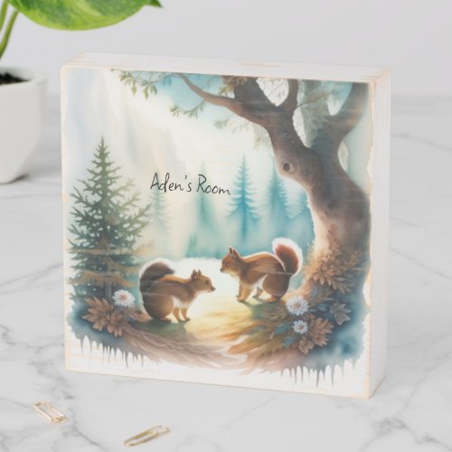 Rustic Green and White Watercolor Baby Squirrel Wooden Box Sign
