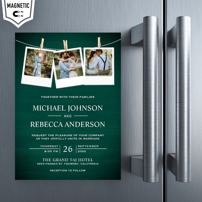 Rustic Green Barn Wood Photo Collage Wedding Magnetic Invitation (Creator Uploaded)