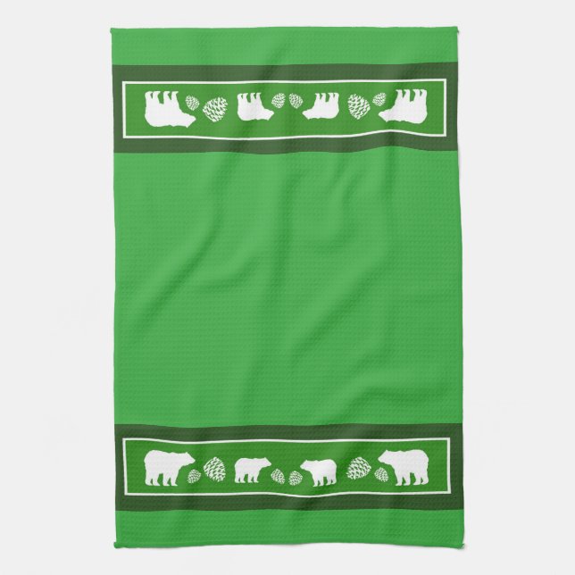 Rustic green bear pinecone kitchen towel (Vertical)