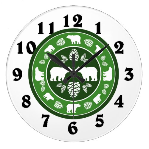 Rustic green bear pinecone round clock