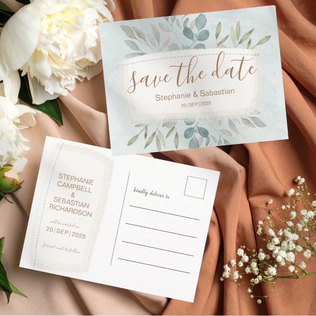 Rustic Green & Beige Botancial Save the Date Announcement Postcard (Creator Uploaded)