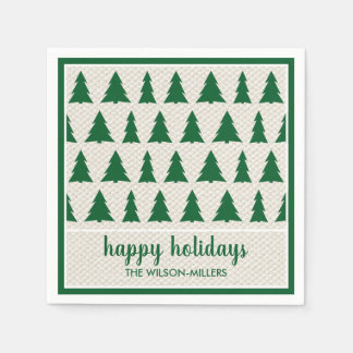 Rustic Green Beige Tree Pattern Name Holiday Party Napkins