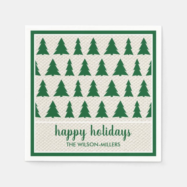 Rustic Green Beige Tree Pattern Name Holiday Party Napkins (Front)