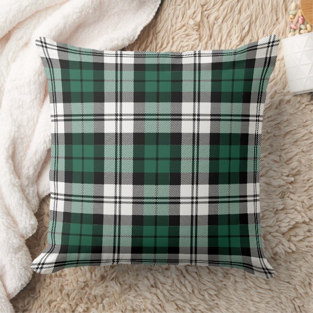 Rustic Green Black and White Tartan Plaid Holiday Throw Pillow (Blanket)