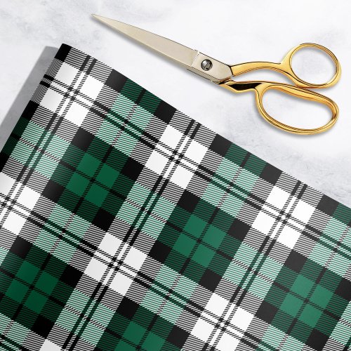 Rustic Green Black and White Tartan Plaid Holiday Wrapping Paper