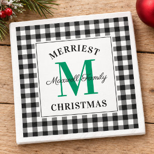 Rustic Green Black Buffalo Check Merriest Christma Napkins