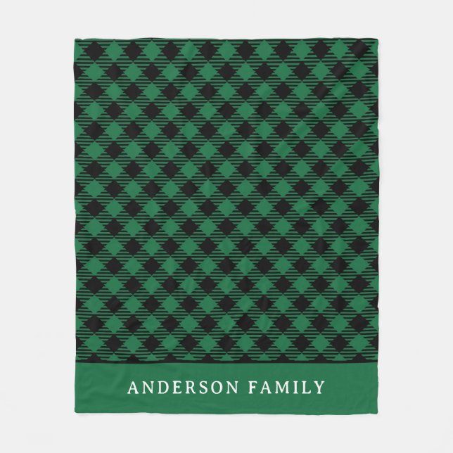 Rustic Green Black Buffalo Check Monogram Fleece Blanket (Front)