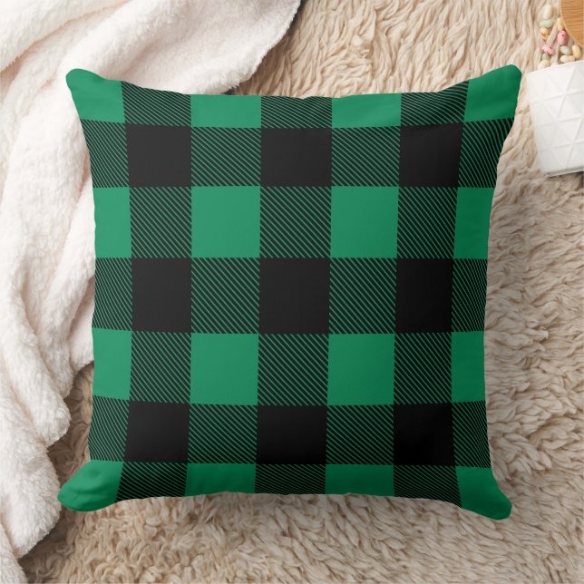 Rustic Green Black Buffalo Plaid Christmas Throw Pillow (Blanket)