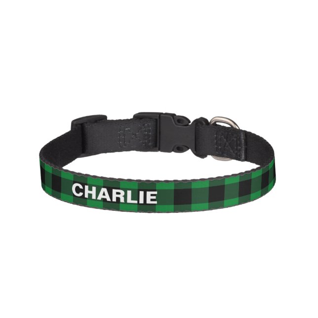Rustic Green Black Buffalo Plaid Dog Name Pet Collar (Front)