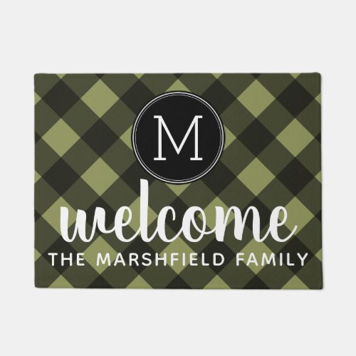 Rustic Green  Black Buffalo Plaid Family Welcome Doormat