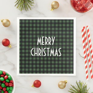 Rustic Green & Black Buffalo Plaid Merry Christmas Paper Dinner Napkins