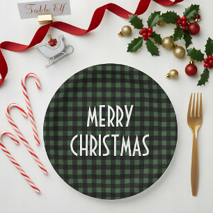 Rustic Green & Black Buffalo Plaid Merry Christmas Paper Plates