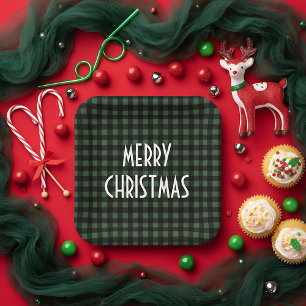 Rustic Green & Black Buffalo Plaid Merry Christmas Paper Plates