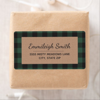 Rustic Green Black Christmas Buffalo Plaid Kraft Label