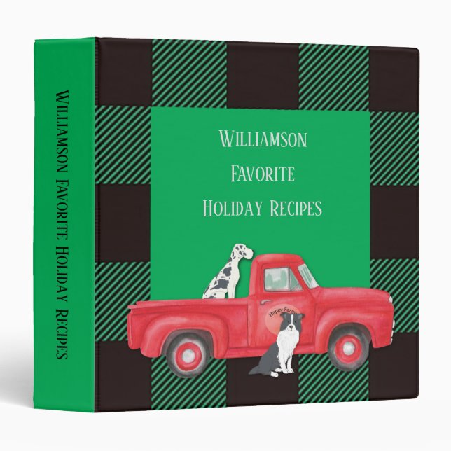 Rustic Green Black Farm House Plaid Truck Dogs 3 Ring Binder (Front/Spine)