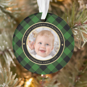 Rustic Green Black Plaid First Grandparents Photo Ornament