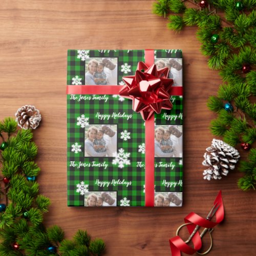Rustic green black plaid with snowflake detail wr wrapping paper