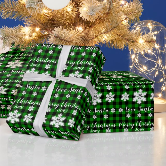 Rustic green black plaid with snowflake detail  wrapping paper (Holidays)