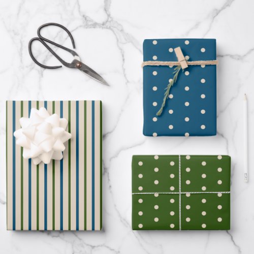 Rustic Green Blue Cream Polka Dots and Stripes Wrapping Paper Sheets
