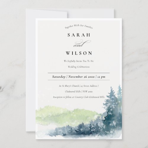 Rustic Green Blue Pine Snow Mountains Wedding Invitation