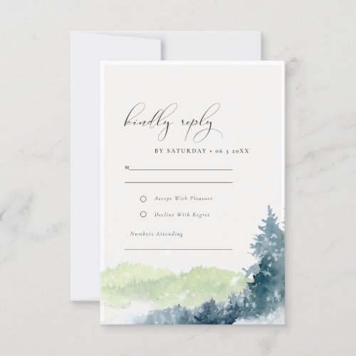 Rustic Green Blue Pine Snow Mountains Wedding RSVP Card