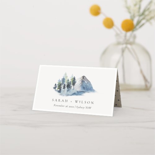 Rustic Green Blue Pine Woods Mountain Wedding Place Card