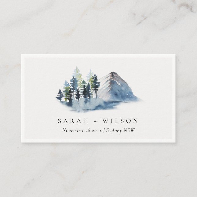 Rustic Green Blue Pine Woods Mountain Wedding Place Card (Front)