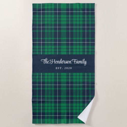 Rustic Green Blue Plaid Family Name Beach Towel