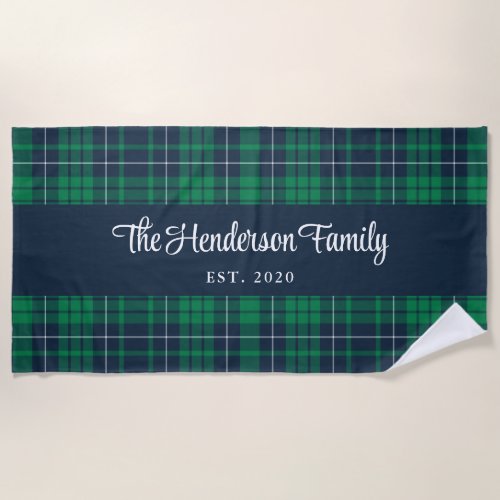 Rustic Green Blue Plaid Family Name Beach Towel