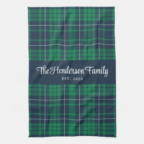 Rustic Green Blue Plaid Family Name Kitchen Towel