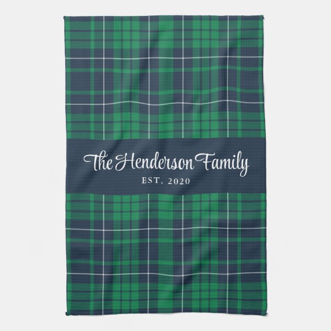 Rustic Green Blue Plaid Family Name Kitchen Towel (Vertical)