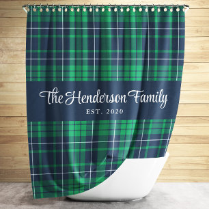 Rustic Green Blue Plaid Family Name Shower Curtain