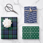 Rustic Green Blue Watch Plaid Merry Christmas Wrapping Paper Sheets<br><div class="desc">Rustic modern holiday gift wrap set features three coordinating holiday wrapping paper sheets: classic navy blue and forest green black watch plaid tartan pattern,  navy blue with white script "Merry Christmas" text,  and forest green with little white pine trees pattern.</div>