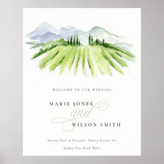 Rustic Green Blue Winery Vineyard Wedding Welcome Poster