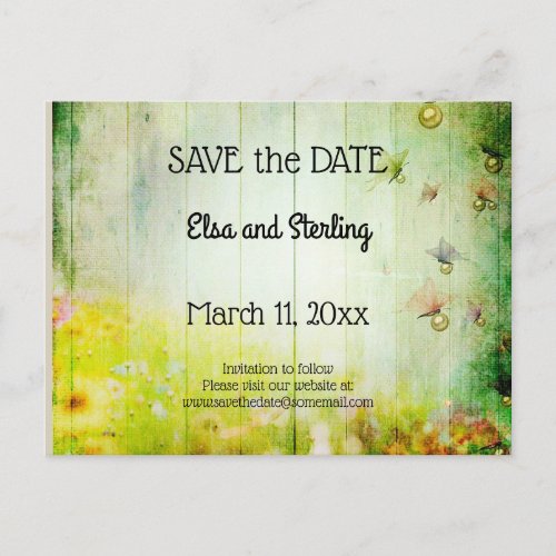 Rustic Green Boards and Butterflies Save The Date Announcement Postcard