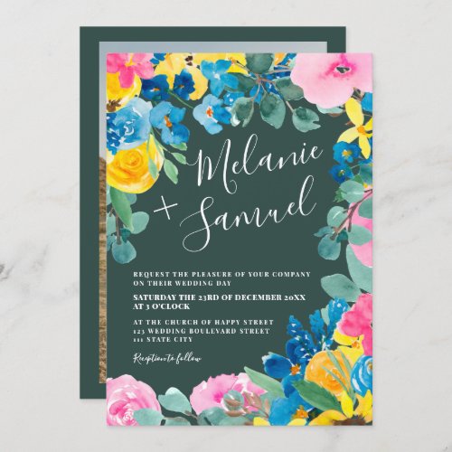 Rustic green bold summer floral photo wedding invitation