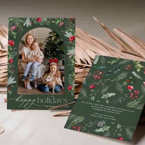 Rustic Green Botanical Arch Happy Holidays 1 Photo Holiday Card