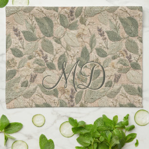 Rustic Green Botanical Leaf Pattern Kitchen Towel