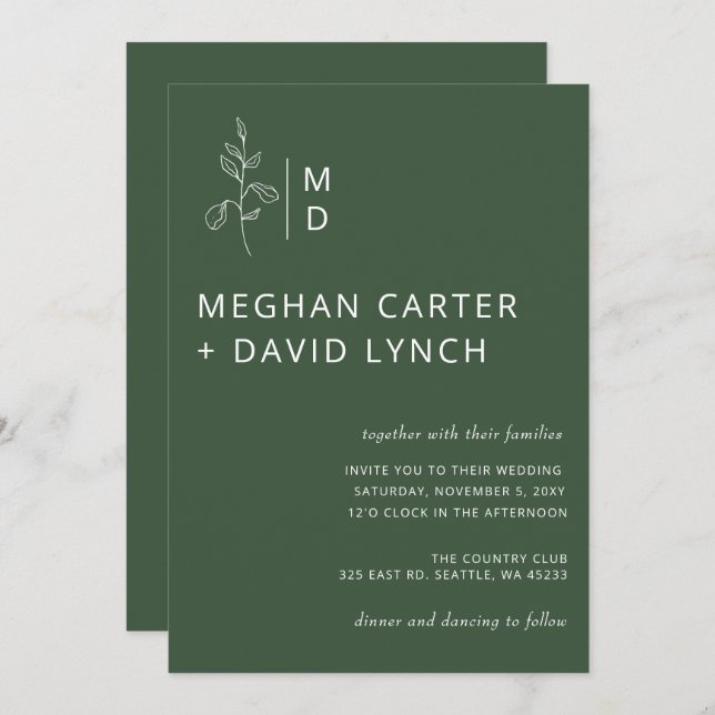 Rustic Green Botanical Monogram Wedding Invitation (Front/Back)