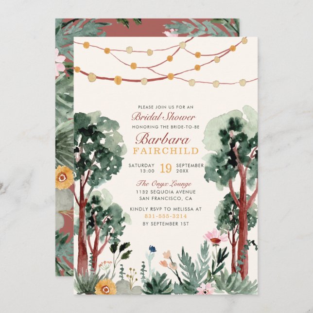 Rustic Green Botanical Trees Unique Bridal Shower Invitation (Front/Back)